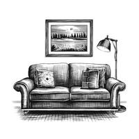 A sketch of a living room with a couch and lamp vector
