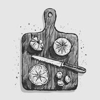 A drawing of a knife and a slice of lemon on a cutting board vector