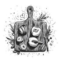 A drawing of a cutting board with apples and other items vector