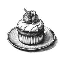 A black and white drawing of a cupcake with strawberries vector