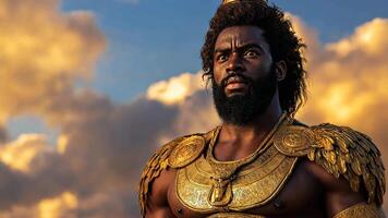 A Black male warrior stands under a dramatic sky in golden armor, symbolizing strength and mythology, ideal for concepts like heroism and fantasy themes video