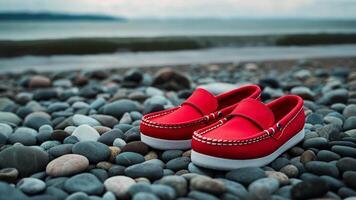 A pair of vibrant red moccasins sits on a pebbled beach, evoking summer and seaside escapes video