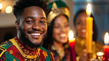 Smiling Black man in colorful attire celebrates Kwanzaa with vibrant candles in the background video