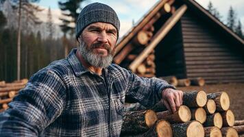 A Caucasian man in a beanie stands beside stacked logs near a rustic cabin, symbolizing winter preparation and rural life video