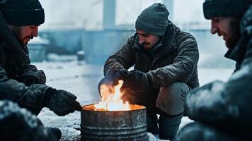 Three men gather around a fire in winter, emphasizing warmth and survival Concepts, Winter, Brotherhood video