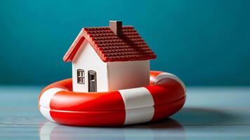 Small house model in lifebuoy symbolizing home insurance and protection related to hurricane season video
