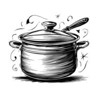 Sketch of a pot with a spoon and a lid vector
