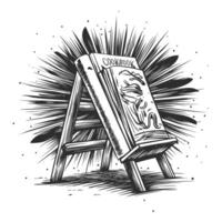 A black and white drawing of a book on a stand vector