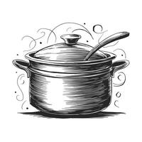 A black and white drawing of a pot with a spoon vector