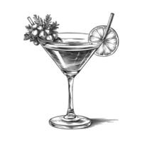 A black and white drawing of a martini with a lemon slice vector