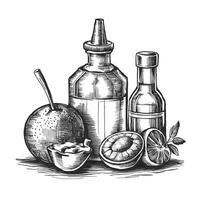 Hand drawn illustration of a bottle of vinegar, a bowl of fruit and a bowl of fruit vector