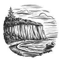 A black and white drawing of a cliff with trees and water vector
