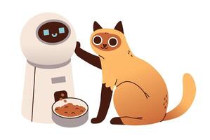 Automatic cat feeder. A cute cat is waiting for his food from the robot. Technology and pets. Flat illustration vector