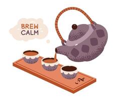 A teapot with mugs of tea and the slogan brew calm. Traditional tea drinking. Flat illustration isolated on white background vector