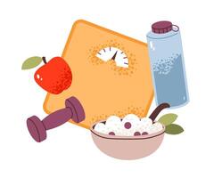 Scales, breakfast porridge, dumbbells isolated on white background. Weight control and diet concept. Flat illustration vector