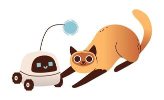 Electronic robot toy for pet. Cat with a robot for fun. Technologies of the future in animal life. Flat illustration vector