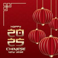 Happy Chinese new year Modern red luxury background design with Chinese pattern, hanging lantern and flowers vector