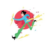 Illustration of a running evil guy. A cute young man is running with heavenly lightning. The character of a male villain. Image is isolated on white background. Comic style. vector