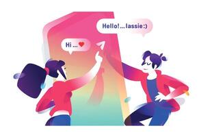 Illustration of a boy and a girl chatting on a chat. Illustration of the users of the messenger. Frame from a large illustration. Characters. Illustration for banner and website. vector