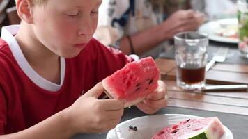 blond boy in a red T-shirt eats a piece of watermelon at a table in a summer cafe during his vacation in Turkey, quenching his thirst with the chilled juicy fruit, video