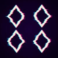 Colorful glitch rhombus geometric shape, frame with neon glitch effect on black background. vector