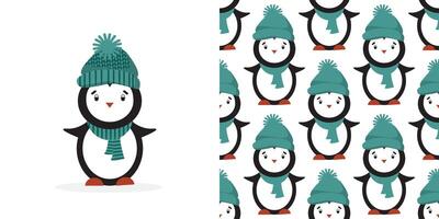 Seamless pattern with cute penguins. Animals pattern. Penguin cartoon on winter background. vector