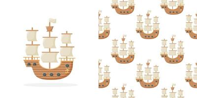 seamless pattern on the theme of sea travel with sailing ships. Sea objects on background in retro style. vector