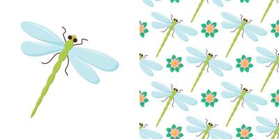 Dragonfly colorful seamless pattern. Repeating dress textile print with damselfly insects. Close up water dragonfly ornament. Fauna beings seamless. Damselfly silhouettes. vector