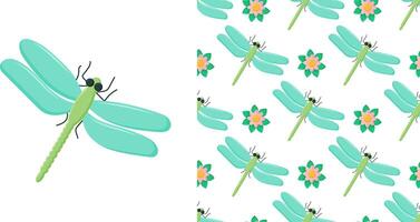 Dragonfly colorful seamless pattern. Repeating dress textile print with damselfly insects. Close up water dragonfly ornament. Fauna beings seamless. Damselfly silhouettes. vector