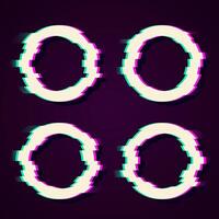 Glitch circle frame. Tv distorted signal chaos, glitched ring light effect distortion frames and flaw glitches bug circles, vhs white noise destroyed logo isolated icons set vector