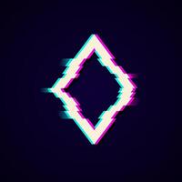 Colorful glitch rhombus geometric shape, frame with neon glitch effect on black background. vector