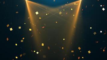 queda dourado confete partículas e lindo brilhando bokeh. holofotes iluminar a etapa fundo. colorida abstrato fundo 3d, 4k, desatado laço. video
