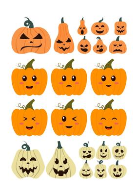Various pumpkins with expressive faces. Autumn, Thanksgiving, Harvesting. Flat illustration set.