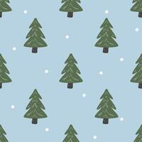 Seamless Christmas tree pattern with snowfall on light blue background, festive holiday design featuring green pine trees and falling snowflakes, perfect for seasonal wrapping paper, textiles vector