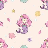 Cute Mermaid Seamless Pattern with Starfish, Shells, and Bubbles in Pastel Kawaii Style vector
