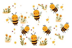 Adorable pattern of cute cartoon bees flying around yellow flowers. Each bee has a happy expression with pink cheeks and small wings, creating a cheerful and playful design, perfect for children's vector