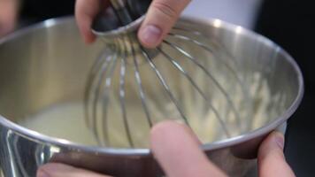 Beating eggs with an electric mixer for sponge biscuit cake dough.. process of baking rich bread in homemade foil molds. Preparing the batter for the bent cake video