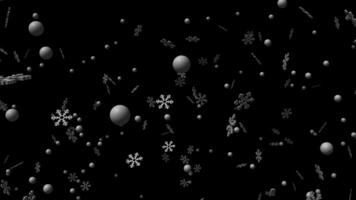 Abstract winter Christmas animation with black background. It is snowing from 3D snowflakes and white balls. video