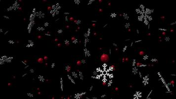 Abstract winter Christmas animation with black background. It is snowing from 3D snowflakes and red balls. video