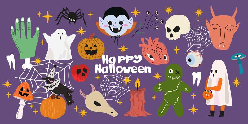 All the paraphernalia for celebrating the festival of the dead. Cute hand drawn retro Halloween stickers. Scary groovy flat set. Spooky elements for scrapbooking, cards and posters