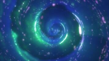 Glowing green and blue spiral forming a vibrant whirlpool in deep space, suggesting cosmic energy and the mysteries of the universe video