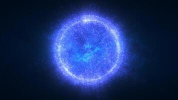 Bright blue sphere with a cosmic texture, floating against a dark background, suggesting a celestial body or energy source in deep space video