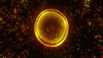 A golden, swirling form of light against a dark backdrop, evoking the essence of energy and motion in an abstract digital art style sphere video