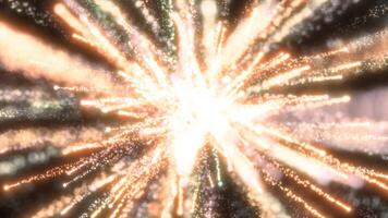Vibrant burst of golden light particles radiating outward, creating a dynamic and dazzling effect in a cosmic setting, symbolizing energy and movement video