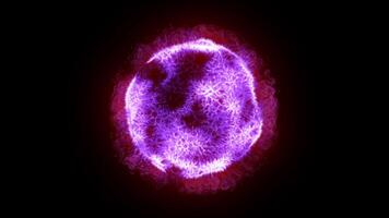 A glowing purple energy sphere with intricate patterns and vibrant light effects, floating in a dark space futuristic, technology video