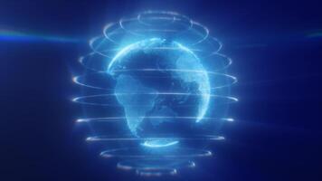 A digital representation of blue Earth with glowing lines encircling the planet, highlighting global connectivity and technology video