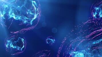 A vibrant depiction of floating blue spheres in a cosmic environment, resembling microscopic particles or cells in a glowing, ethereal space video