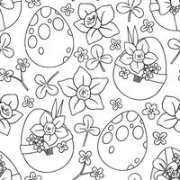 Coloring book. Seamless pattern, Easter eggs and spring flowers . Image in doodle style vector