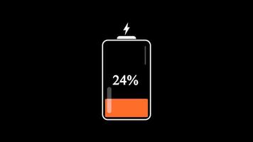 Power battery charge animation. Battery charge level indicator in percentage. Battery charging icon on transparent background with alpha channel. Red yellow green indicator video