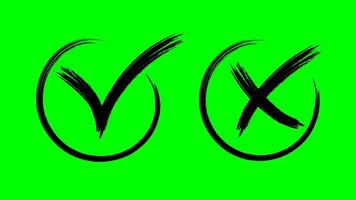 Chalked Tick and cross signs. Green background. False and true, right and wrong. Correct and incorrect, accept and reject. Scribbles grunge graphitti brush. video